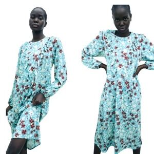 Zara Dress Women Small Blue Floral Ruffle Long Sleeve Midi Boho Prairiecore